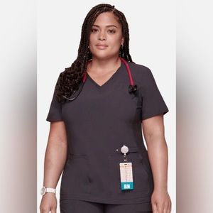 CHEROKEE - V-Neck Knit Panel Scrub Top PEWTER GRAY